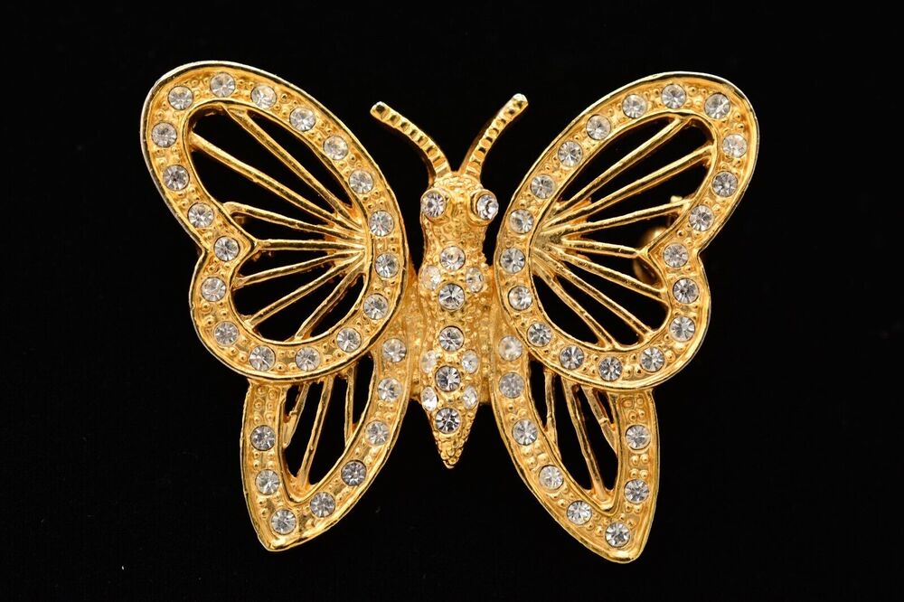 Roman Vintage Butterfly Pin Brooch Rhinestone Crystal Gold Tone Signed BinJ